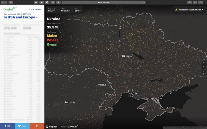 В OneSoil Map Украина занимает второе место по площади угодий после США: 35900000 гектаров при 2 млн участков